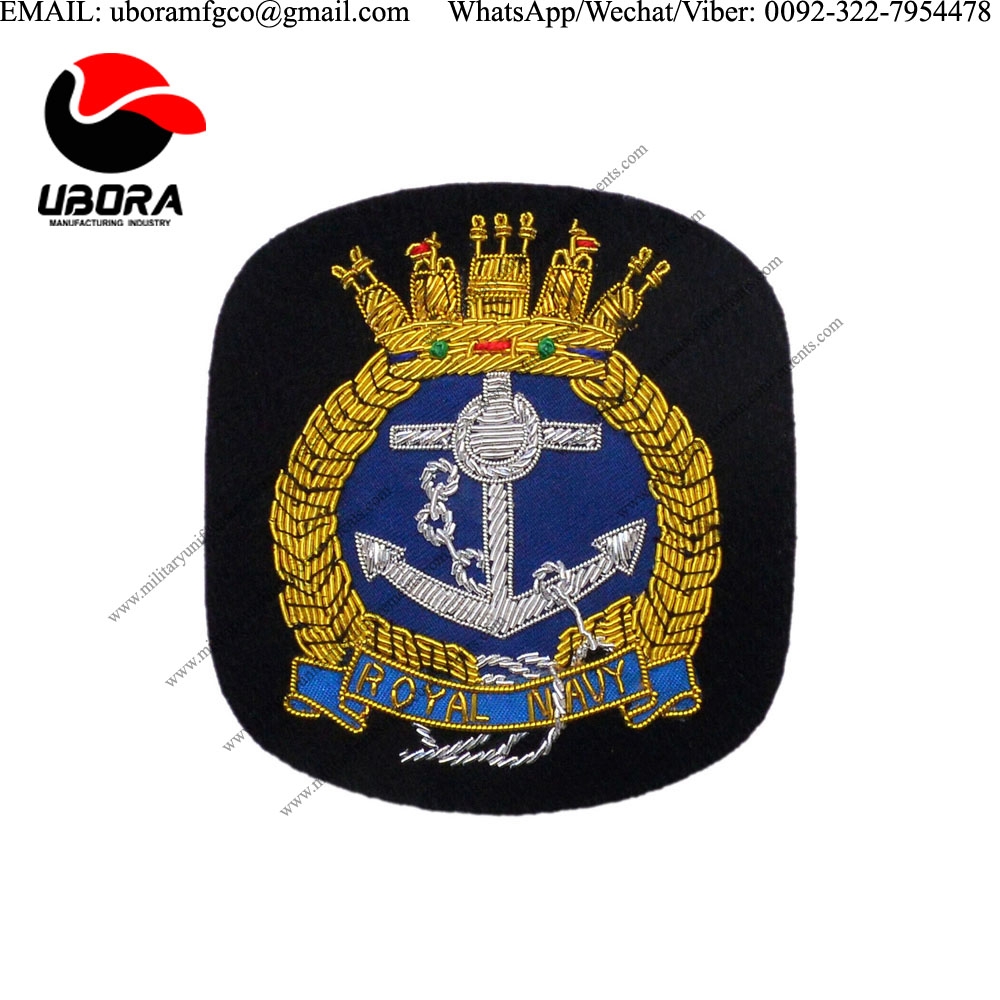 Bullion Patches British Royal Navy Blazer Badge Bullion Wire Hand Made Embroidery 9cm x 10cm  